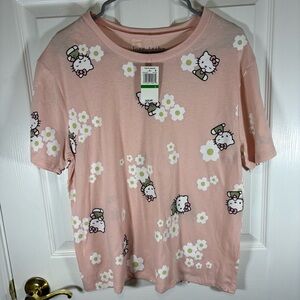 New Love Tribe Hello Kitty T Shirt Junior’s Size L Peach Lime Green Floral Comfy